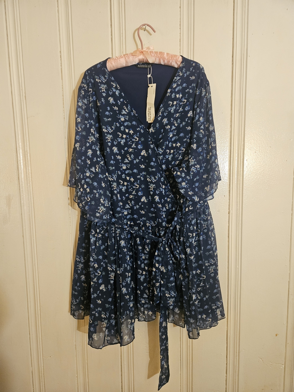 BloomChic Navy Blue Floral V-Neck Wrap Blouse
